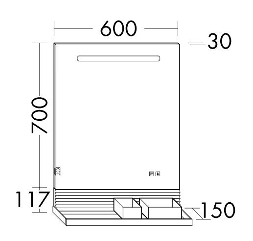 Burgbad Fiumo Leuchtspiegel 60cm, LED-Beleuchtung, Wandablage, Reling in schwarz und Pliséefront