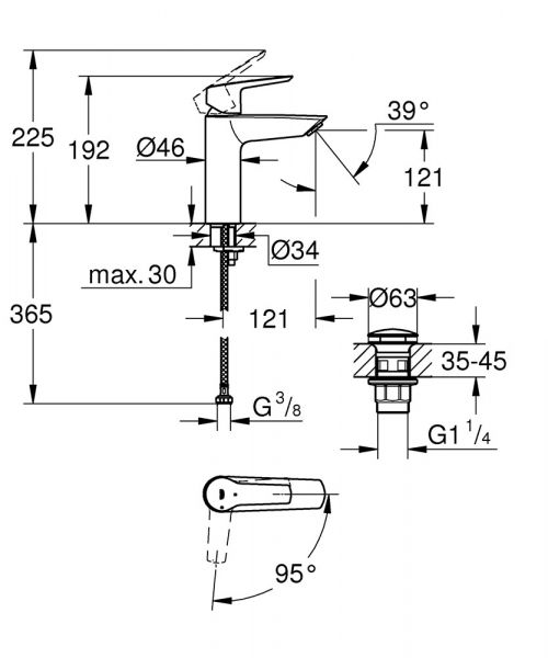 Grohe Start Quick-Fix Waschtischbatterie mit Push Open, M-Size, chrom 23746002 Zeichnung