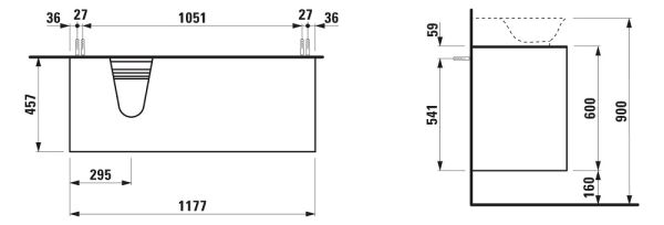 Laufen The New Classic Schubladenelement 118cm, Ausschnitt links, zu H81685 2, techn. Zeichnung