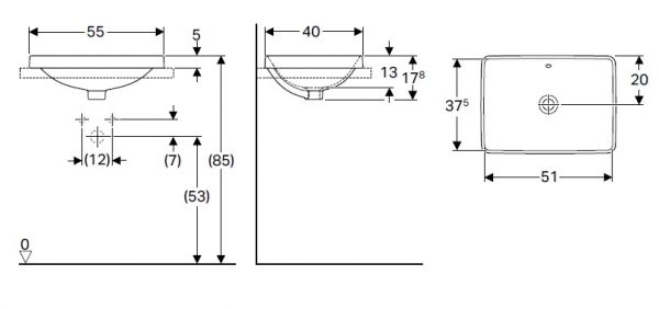 Geberit VariForm Einbauwaschtisch mit Überlauf, rechteckig, Breite 55cm, weiß