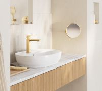 Grohe Lineare Waschtischbatterie S-Size, Push-open Ablaufgarnitur, cool sunrise gebürstet