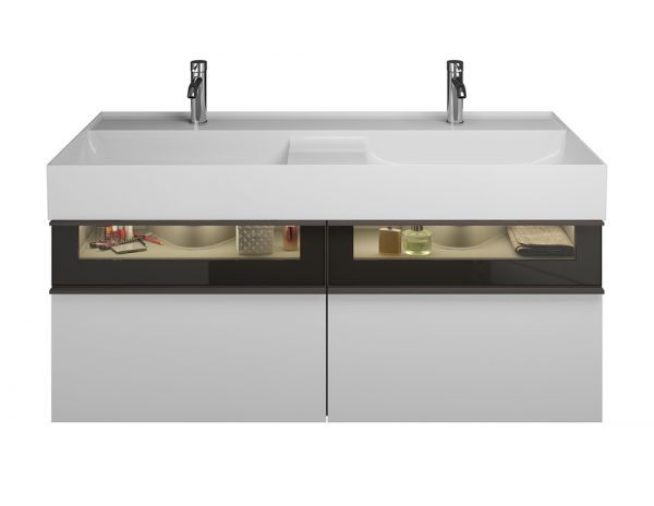 Burgbad Yumo Mineralguss-Doppelwaschtisch mit Waschtischunterschrank und LED-Beleuchtung, 131,5cm SFMY132F3725C0001G0179