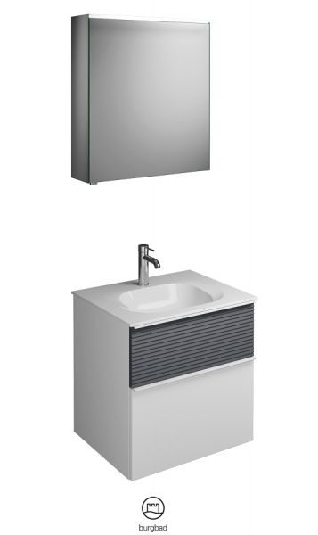 Burgbad Fiumo Badmöbel-Set 62cm, Spiegelschrank, Doppelwaschtisch und WT-Unterschrank, weiß matt graphit softmatt SFXV062L