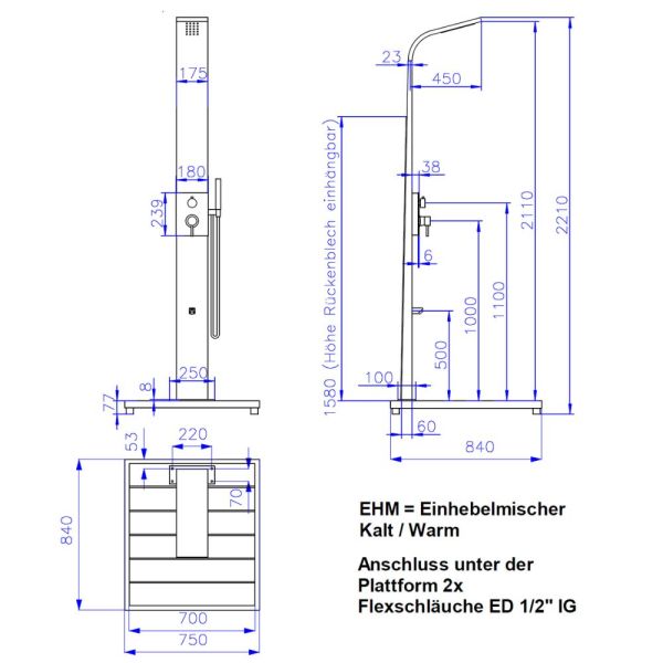 Ideal Helena 2.0 Modell 70 Gartendusche für Kalt- und Warmwasser mit Kopf-, Körper- und Handdusche