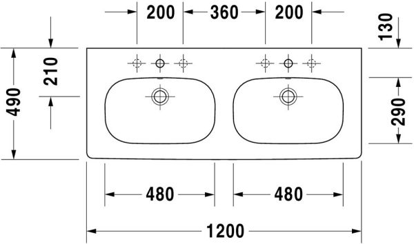 Duravit D-Code Doppelwaschtisch rechteckig 120x49cm, mit 2 Hahnlöchern, mit Überlauf, weiß 03481200002