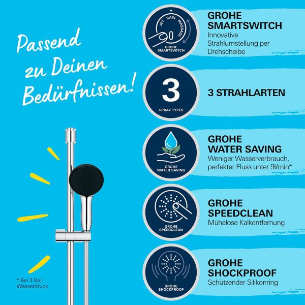 Grohe QuickFix Vitalio Start 110 Brausestangenset eckig 90cm mit Handbrause & Schlauch, chrom