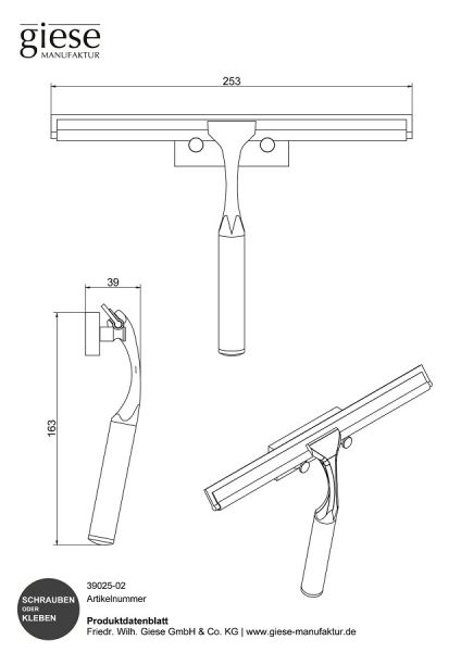 Giese Haken mit Glasabzieher zum Kleben und Schrauben, Wandmodell, chrom