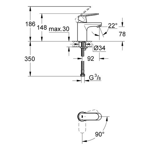 Grohe Eurosmart Cosmopolitan Badarmatur S-Size, glatter Körper, wassersparend, chrom