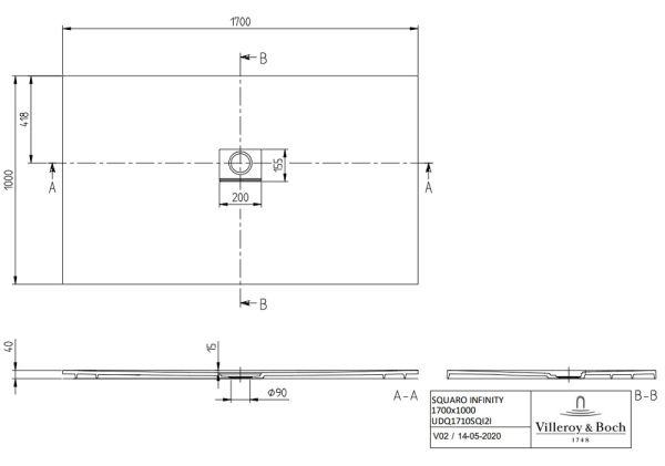 Villeroy&Boch Squaro Infinity Quaryl®-Duschwanne, flächenbündiger Einbau, 170x100cm, techn. Zeichnung
