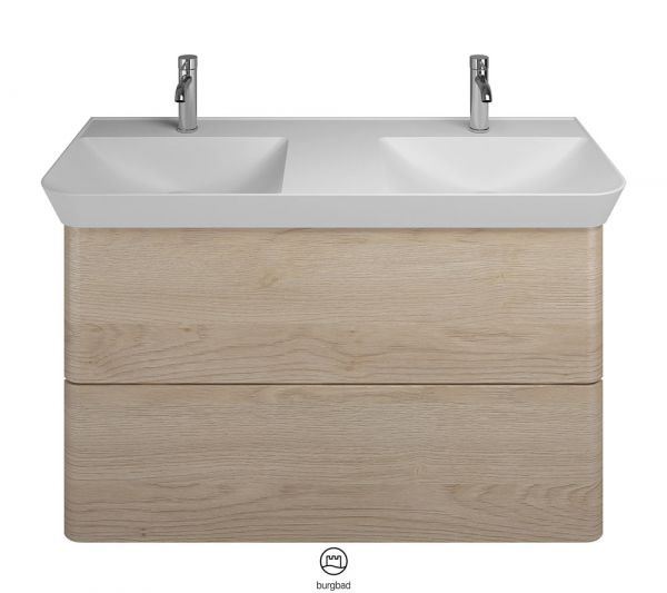 Burgbad Iveo Mineralguss-Doppelwaschtisch mit Unterschrank und LED-Beleuchtung, 2 Auszüge, 120cm eiche dekor cashmere
