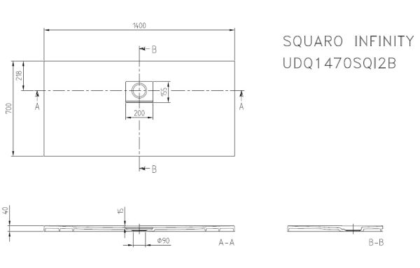 Villeroy&Boch Squaro Infinity Quaryl®-Duschwanne, lange Seite geschnitten an der Wand, 140x70cm, technische Zeichnung