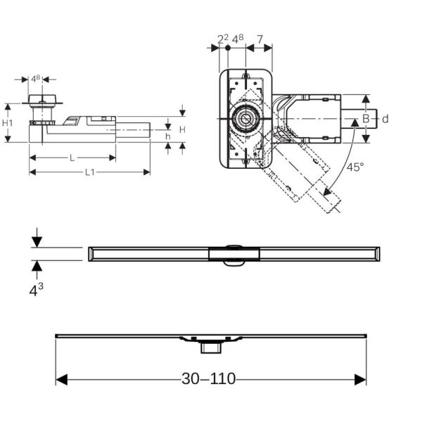 Geberit CleanLine20 Duschrinne 30-110cm Set. mit Rohbauset ab 90mm Edelst. poliert/Edelst. gebürstet