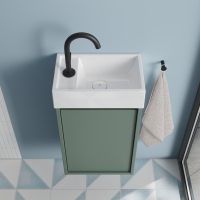 Burgbad Devio Gästebad Mineralguss-Handwaschbecken mit Unterschrank, 1 Tür, Türanschlag links, rauchgrün matt SHKG037F7215L