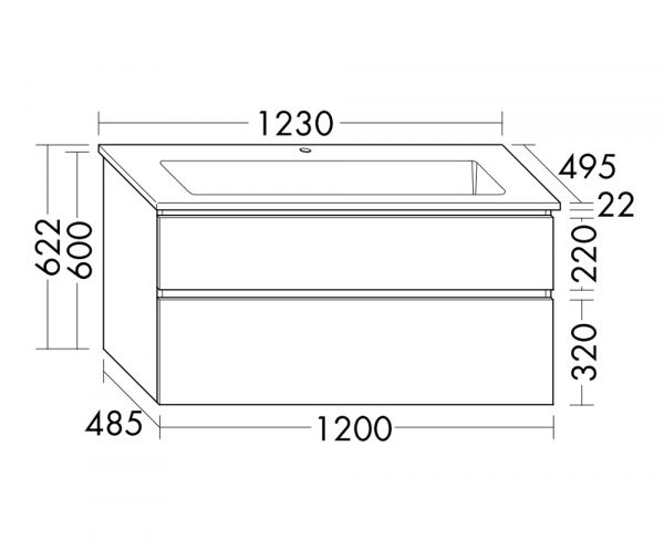 Burgbad Lin20 Keramik-Waschtisch mit Waschtischunterschrank, 2 Auszüge, wandhängend, 123x49,5cm SGHF123F5351C0001