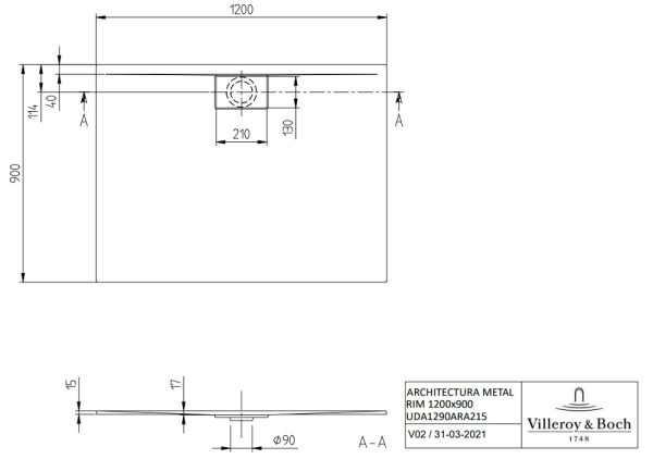 Villeroy&Boch Architectura 120x90cm MetalRim Duschwanne, superflach Randhöhe 1,5cm weiß UDA1290ARA215V-01