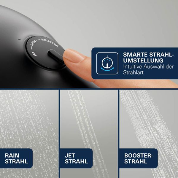 Grohe Vitalio Joy+ 120 Wandhalterset inkl. Handbrause mit AquaBooster, 3 Strahlarten, schwarz matt