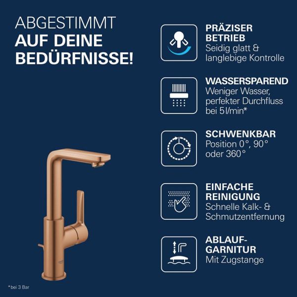 Grohe Lineare Badarmatur L-Size mit Zugstangen-Ablaufgarnitur, warm sunset gebürstet