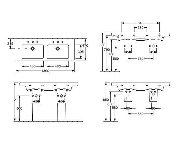 Villeroy&Boch Subway 2.0 Schrank-Doppelwaschtisch 130x47cm, mit 2 Hahnlöchern