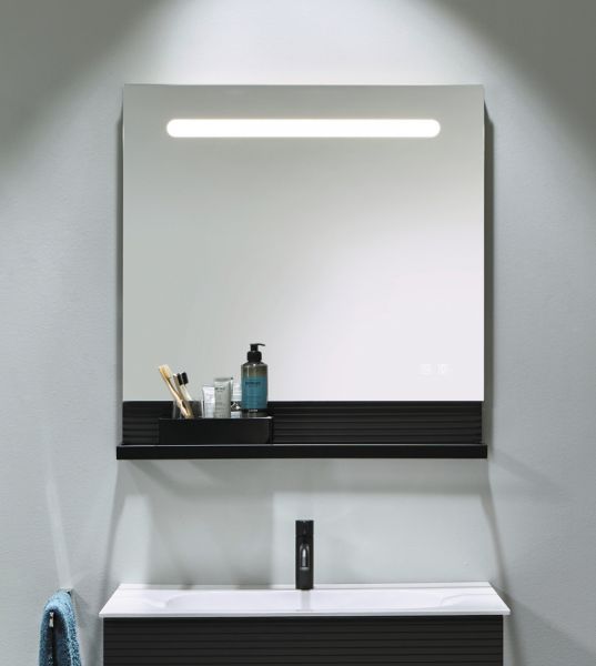 Burgbad Fiumo LED-Spiegel 80cm mit Ablage, Reling in schwarz