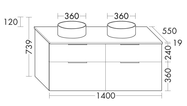 Burgbad Eqio 2 runde Aufsatzwaschtische Ø36cm mit Waschtischunterschrank 140cm, 4 Auszüge