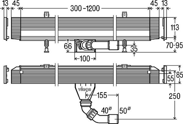 Viega Advantix Vario-Duschrinnen-​Grundkörper Wand, Einbauhöhe ab 70mm, Länge 300-1200mm