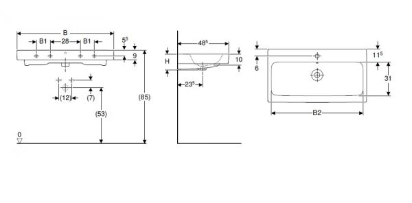 Geberit iCon Doppel-Waschtisch ohne Hahnloch, 120x48,5cm, weiß