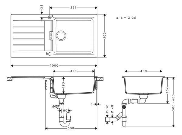 Hansgrohe S52 S520-F480 Einbauspüle mit automatischer Ablaufgarnitur, Maß