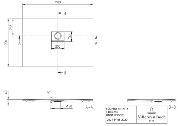 Villeroy&Boch Squaro Infinity Quaryl®-Duschwanne, flächenbündiger Einbau, 110x75cm, technische Zeichnung