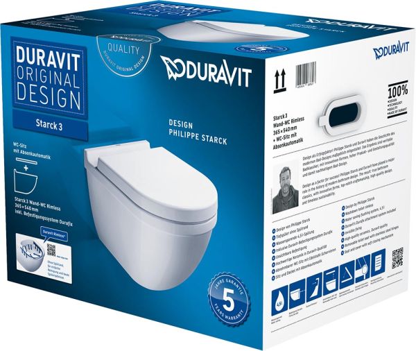 Duravit Starck 3 Wand-WC Set inkl. WC-Sitz mit Absenkautomatik, 54x37cm, oval, rimless, weiß 45270900A1
