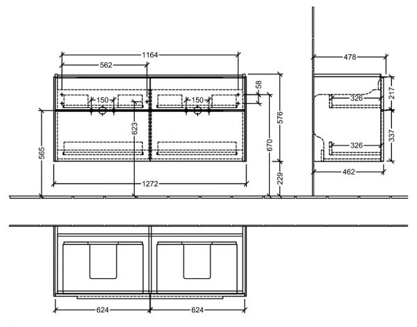 Villeroy&Boch Subway 3.0 Waschtischunterschrank 128cm für Doppelwaschtisch mit 4 Auszügen