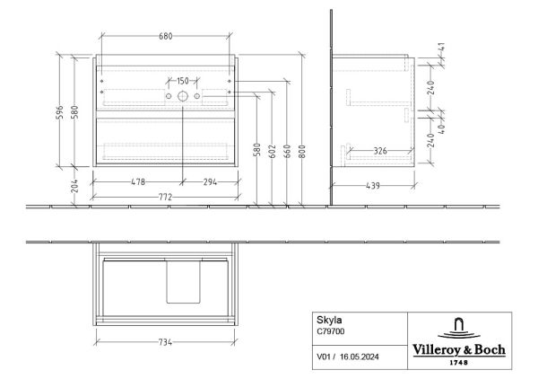 Villeroy&Boch Skyla Waschtischunterschrank C79700 80cm für Becken rechts C79700 