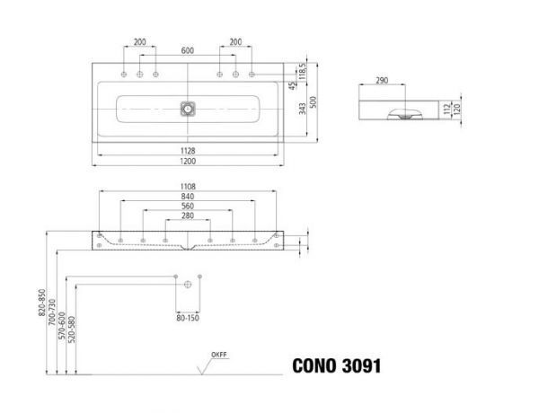 Kaldewei Cono Doppelwaschtisch 120x50cm, Mod. 3091-D 2x3 Hahnlöcher