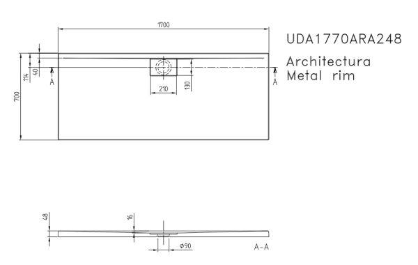 Villeroy&Boch Architectura MetalRim Duschwanne inkl. Antirutsch (VILBOGRIP),170x70cm, weiß, UDA1770ARA248GV-01 techn.Zeichnung
