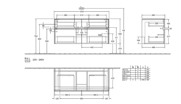 Villeroy&Boch Collaro Waschtischunterschrank passend zu Aufsatzwaschtisch 4A331G, 4 Auszüge, 120cm techn.Zeichnung