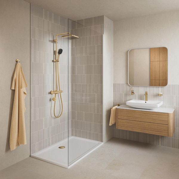Grohe Lineare Badarmatur S-Size, Zugstangen-Ablaufgarnitur, wassersparend, cool sunrise gebürstet