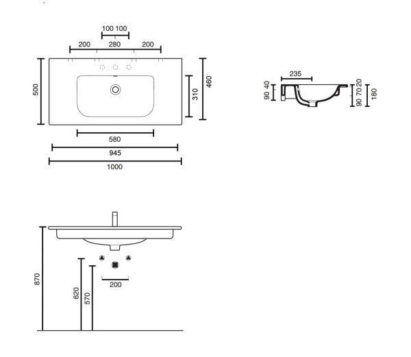 Catalano Sfera Möbelwaschtisch, mit Überlauf, Ablage links u.rechts 100x50cm, weiß CATAglaze 100SFN