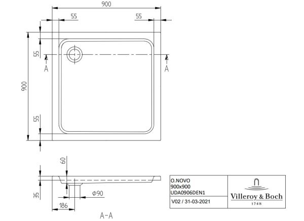 Villeroy&Boch O.Novo quadratische Duschwand, Eckmontage, weiß, 90x90cm UDA0906DEN1V-01