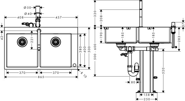 Hansgrohe C71-F765-10 Küchenspüle Doppelbecken je 37cm mit Armatur und sBox, edelstahl finish