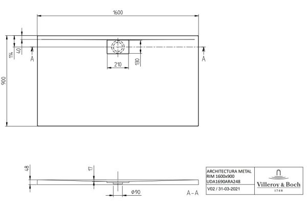 Villeroy&Boch Architectura MetalRim Duschwanne inkl. Antirutsch (VILBOGRIP),160x90cm, technische Zeichnung