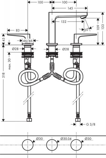 Hansgrohe Metropol 3-Loch Waschtischarmatur 110 mit Hebelgriffen und Push-Open Ablaufgarnitur, chrom