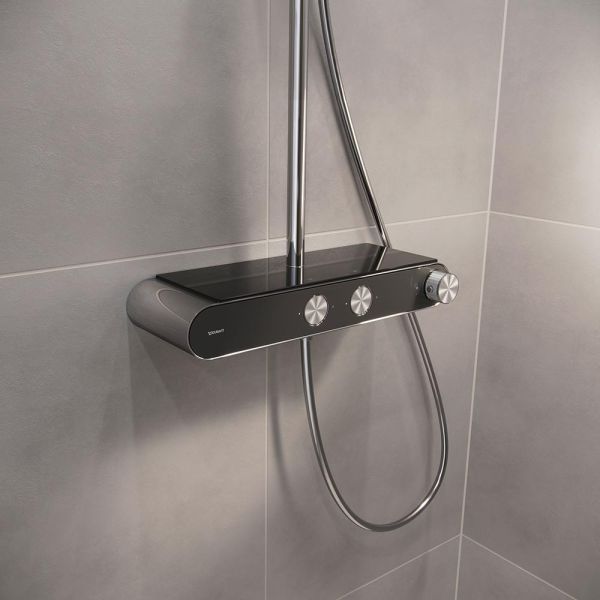 Duravit ShowerSystem Duschsystem mit höhenverstellbarer Regendusche, Thermostat, Ablage, chrom/schw