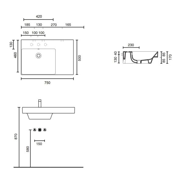 Catalano Zero UP 75 Waschtisch Becken links, Ablage rechts, 75x50cm, weiß CATAglaze+
