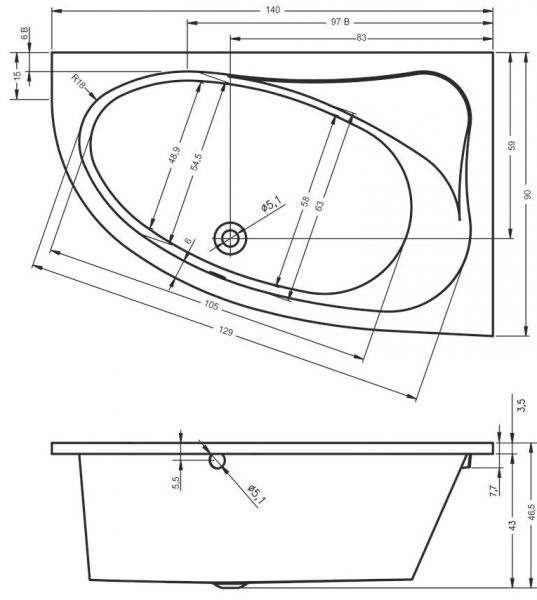 RIHO Aryl Raumsparwanne 140x90cm Ecke rechts, Eckeinbau, weiß