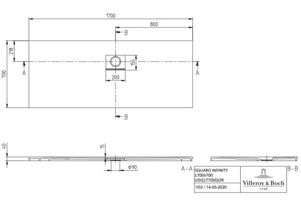 Villeroy&Boch Squaro Infinity Quaryl®-Duschwanne, Eckeinbau rechts gegen Wand, 170x70cm, technische Zeichnung