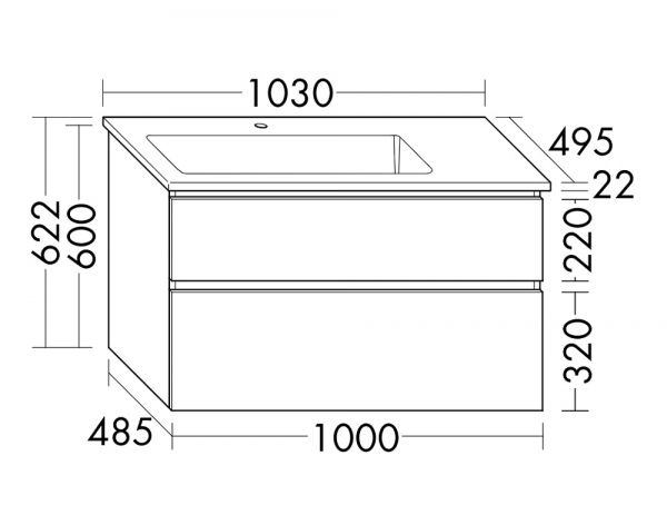 Burgbad Lin20 Keramik-Waschtisch mit Waschtischunterschrank, 2 Auszüge, wandhängend, 103x49,5x62,2cm SGHH103L