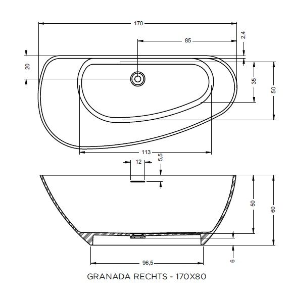 RIHO Solid Surface Granada freistehende Badewanne 170x80cm, rechts, weiß seidenmatt B121001105 Masse