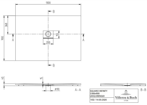 Villeroy&Boch Squaro Infinity Quaryl®-Duschwanne, flächenbündiger Einbau, 130x90cm, techn. Zeichnung