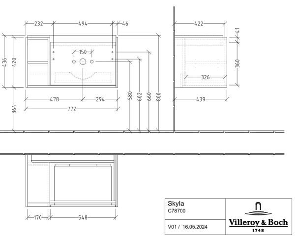 Villeroy&Boch Skyla Waschtischunterschrank C78700 80cm, offenes Fach links