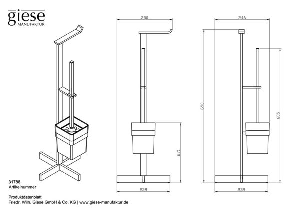 Giese Solid WC-Ständer mit Bürstengarnitur, Kristallglas satiniert, schwarz matt