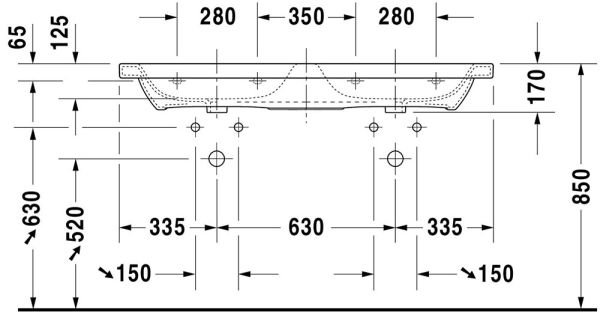 Duravit DuraStyle Doppelwaschtisch 130x48cm, mit Überlauf, mit Wondergliss, weiß 23381300001